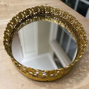 Vintage Oval Vanity Tray Gold Filigree with Rose Pattern Mirrored 12” x 8.75”